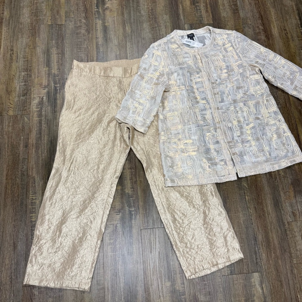 Chico's Metallic Gold Cream Travelers Pant Mesh‎ Jacket Set Mother of the Bride